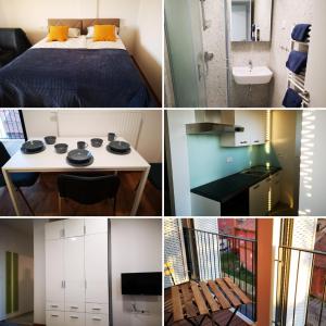 a collage of photos of a room with a bed and a bathroom at City center apartment in Koper