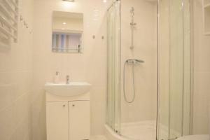 a white bathroom with a shower and a sink at Prywatne Apartamenty in Kazimierz Dolny +12 photos