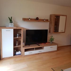 巴特奧塞的住宿－Apartment Dachsteinblick，客厅的木制娱乐中心设有平面电视
