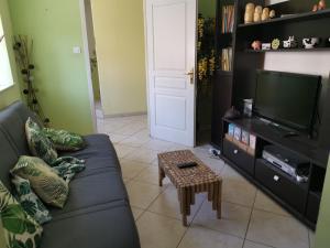 ein Wohnzimmer mit einem Sofa und einem TV in der Unterkunft L'Arche de la Bonde in Volon