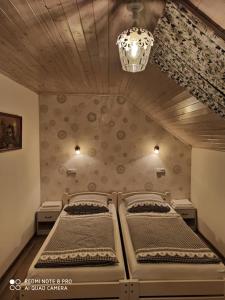 a bedroom with two beds and a chandelier at Sklípek u Svobodů in Velké Bílovice