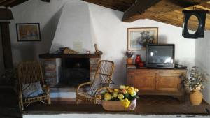 a living room with a tv and a fireplace at Casa Vacanze del Borgo in Sassetta