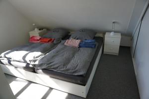 1 dormitorio con 2 almohadas en Günnis Perle am Harleufer en Carolinensiel