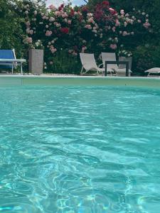 a pool of water with two chairs and flowers at FiordiSole Holiday Home in Montopoli in Val dʼArno