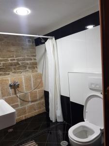 a bathroom with a toilet and a stone wall at Konaku Guest house in Gjirokastër