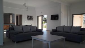 a living room with two couches and a coffee table at Golden Victory in Agia Marina Nea Kydonias