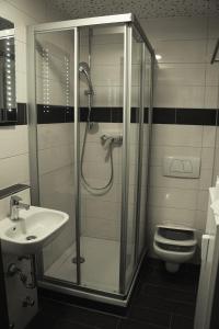 ein Bad mit einer Dusche, einem Waschbecken und einem WC in der Unterkunft Arthotel Nagold in Nagold