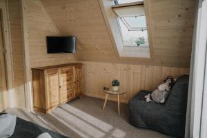 a room with a couch and a tv in a cabin at Szałas Kosówka in Witów