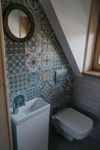 a bathroom with a toilet and a sink and a mirror at Szałas Kosówka in Witów +13 photos