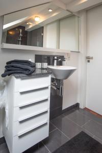 a bathroom with a sink and a white cabinet at Loftapartment im historischen Fabrikambiente in Geisenheim
