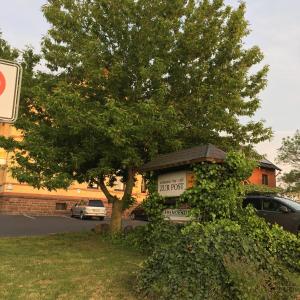Hotel-Restaurant zur Post في Wabern: شجرة و لوحة امام مبنى