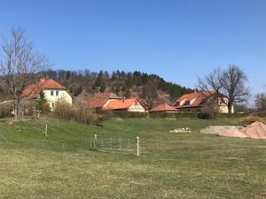 a group of houses in a field with a fence at Pension Freudenthal in Wandersleben