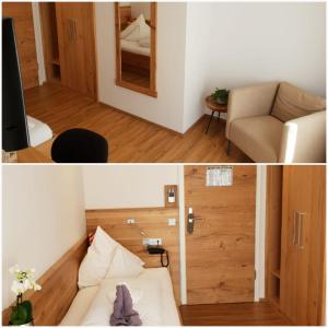 ein Zimmer mit einem Sofa und einem Zimmer mit einem Spiegel in der Unterkunft Kurhotel Roswitha in Bad Wörishofen