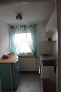 eine kleine Küche mit einem Waschbecken und einem Fenster in der Unterkunft Ferienhaus Storchennest in Pleinfeld