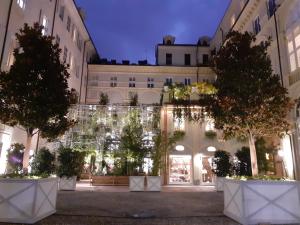 un patio nocturno con árboles y luces en Alloggio Fronte Egizio, en Turín