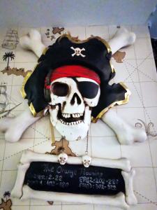 a cake with a skull wearing a pirate hat at Pirates Resort in Mamaia