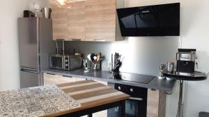 a kitchen with a black counter top and a refrigerator at Ave de la vaite in Besançon