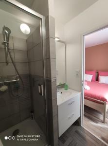 een badkamer met een douche, een bed en een wastafel bij Le Majestic idéal famille, entreprise, proximité centre, fac Jean monnet in Saint-Étienne
