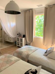 1 dormitorio con 2 camas y ventana en Manoir de la Gravette Maison d'Hôtes en Montauban