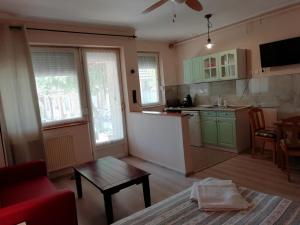 a kitchen with green cabinets and a table in a room at Árpád-ház Apartmanok in Gyula