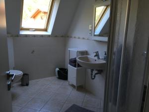 a bathroom with a sink and a mirror at Ferienwohnung Möckel in Struppen +15 photos