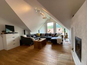 a living room with a couch and a tv at 5-Sterne Active Ferienwohnung Chiemgau in Marquartstein