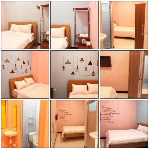 a collage of photos of a room with beds and a mirror at RoomZ Budget Residence in Semarang