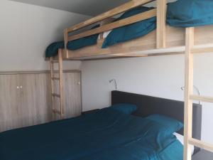 ein Schlafzimmer mit Etagenbetten und einem blauen Bett in der Unterkunft Newport House in Nieuwpoort