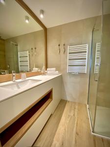 y baño con lavabo, ducha y espejo. en Apartamenty w Marina Royale en Darlowko