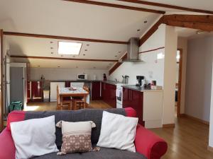 a living room with a couch and a kitchen at Les Trois Lions in Foix