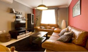 a living room with a leather couch and a television at Bonita casa en Granada+PARKING EN EL CENTRO+WIFI in Ambroz