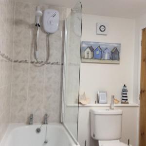 a bathroom with a shower and a toilet and a tub at Pendower Apartment in Wadebridge