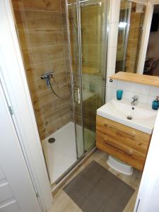 a bathroom with a shower and a sink at Apartamenty Przy Wydmie in Rowy