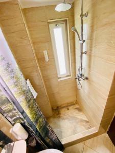 La salle de bains est pourvue d'une douche et d'un lavabo. dans l'établissement Pensiune Muntii Aninei, à Anina