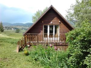 a small wooden cabin with a porch and a window at chalet ST PIERRE DELS FORCATS in Saint-Pierre-dels-Forcats