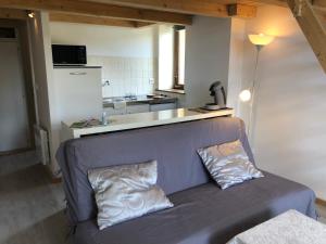 a living room with a couch and a kitchen at Loft mon Soleil in Le Hohwald