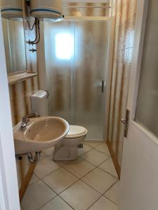 een badkamer met een douche, een toilet en een wastafel bij Apartmani Denona Centar in Novalja