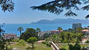 a view of the ocean from a city at Studio cabine vue mer, piscine panoramique, parking couvert in Cannes