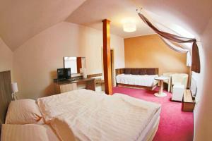 a hotel room with a bed and a television at Hotel Koruna in Karlštejn