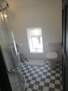 a bathroom with a toilet and a checkered floor at The Barn @Ardhill House in Ardara