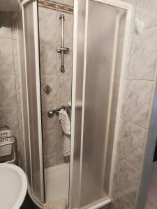 y baño con ducha y puerta de cristal. en Studio Jadranka, en Bale