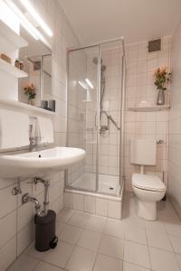 ein Bad mit einer Dusche, einem Waschbecken und einem WC in der Unterkunft Landgasthof Hittenkirchen in Bernau am Chiemsee