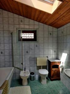 a bathroom with a toilet and a sink and a tub at Zur alten Schmiede in Iserlohn