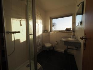 a bathroom with a shower and a toilet and a sink at Haus Rungholt in Nordstrand