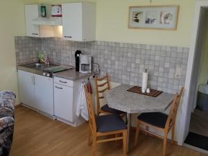 a small kitchen with a small table and chairs at Appartement am Teich in Großschönau