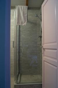 a bathroom with a shower with a glass door at Au Cheval Noir in Quaëdypre