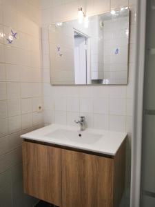 a bathroom with a sink and a mirror at Studio Cosy Breizh in Cancale