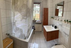 a bathroom with a tub and a sink and a shower at Apartment Saxonia in Pirna +7 photos