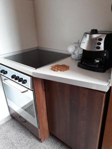 a kitchen with a stove top oven and a microwave at Sarafova Guest House in Koprivshtitsa