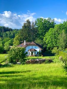 ein blaues Haus mitten auf einem grünen Feld in der Unterkunft Apartmány v ráji (Českém) in Blata